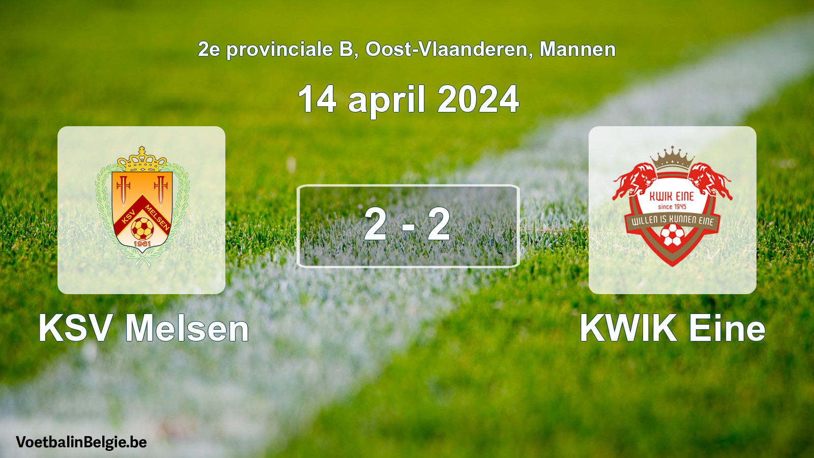 Gespeelde wedstrijd mannenvoetbal: KSV Melsen - KWIK Eine 2 - 2 (14 april 2024)