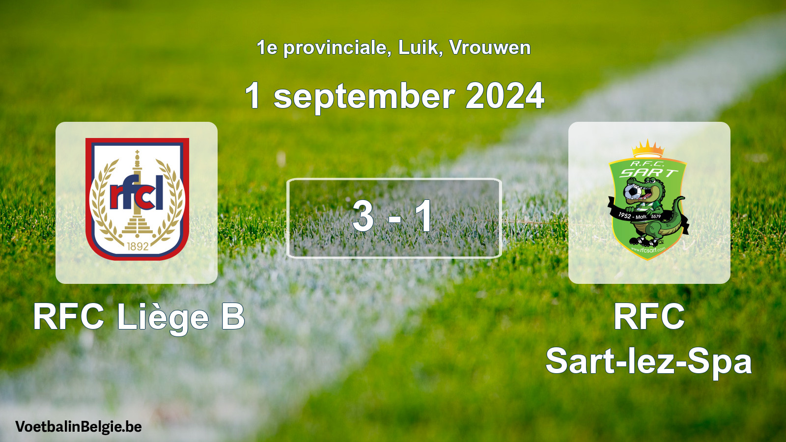 Gespeelde wedstrijd vrouwenvoetbal: RFC Liège B - RFC Sart-lez-Spa 3 - 1 (1 september 2024)