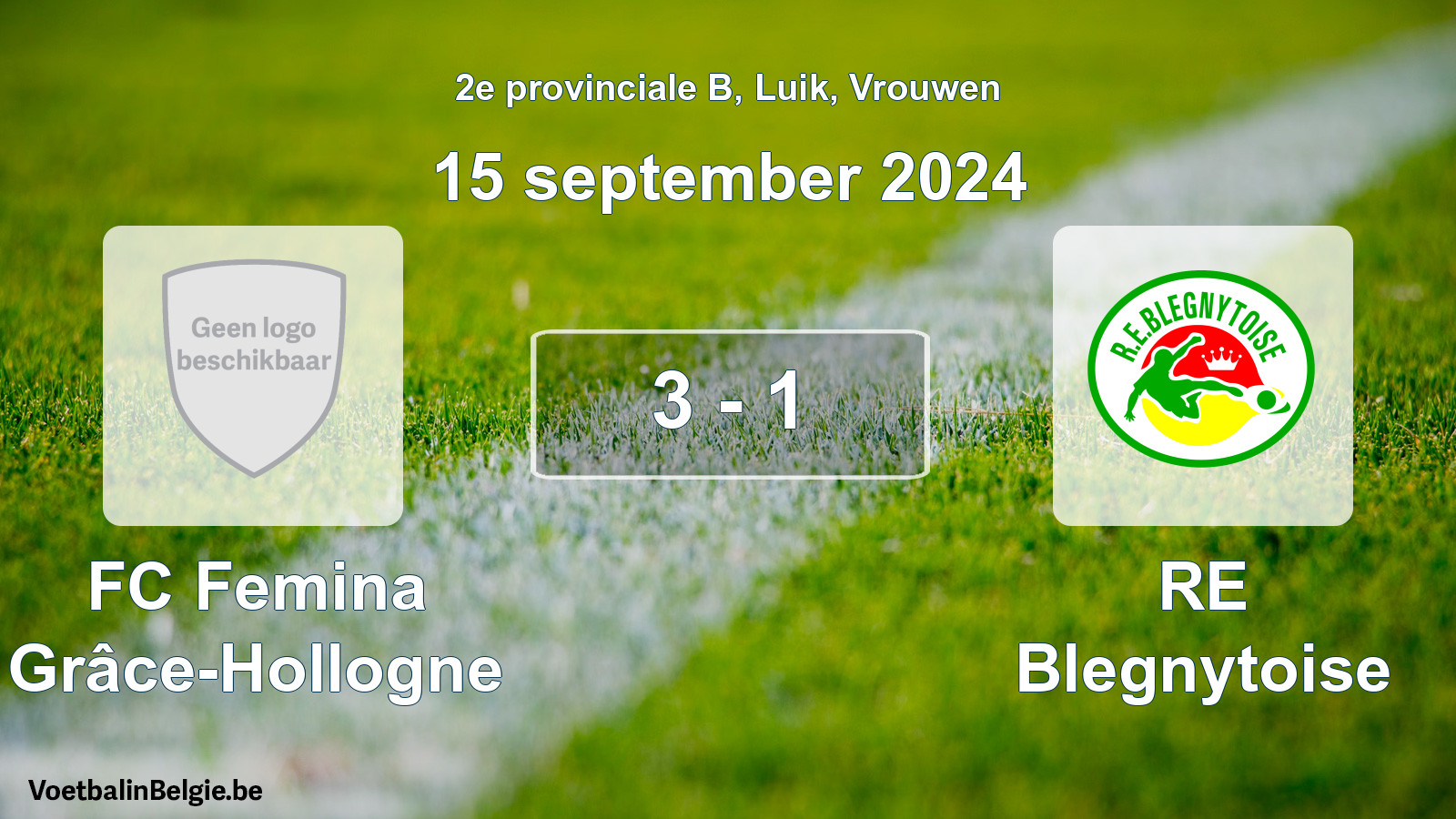 Gespeelde wedstrijd vrouwenvoetbal: FC Femina Grâce-Hollogne - RE Blegnytoise 3 - 1 (15 september 2024)