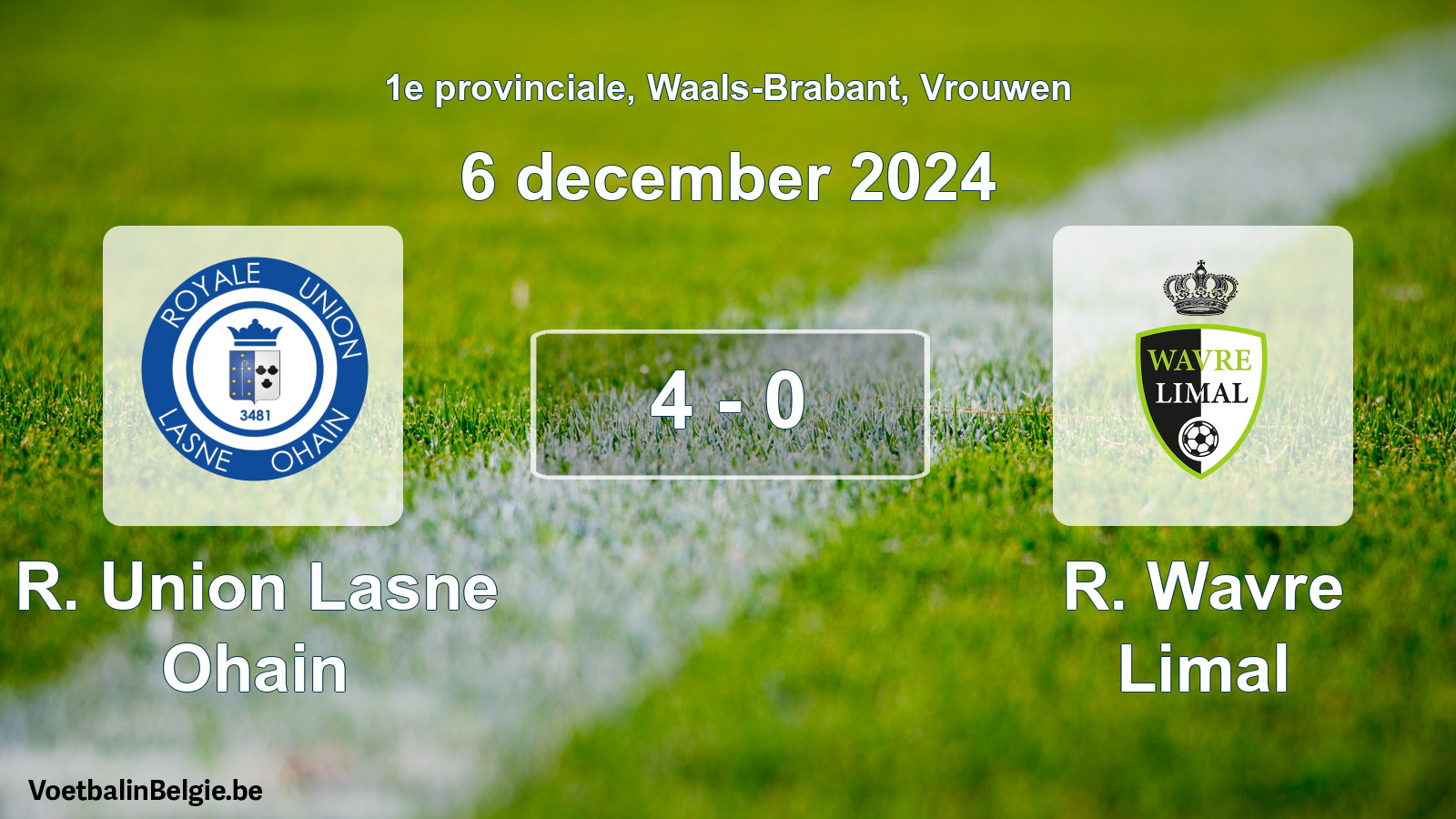 Gespeelde wedstrijd vrouwenvoetbal: R. Union Lasne Ohain - R. Wavre Limal 4 - 0 (6 december 2024)