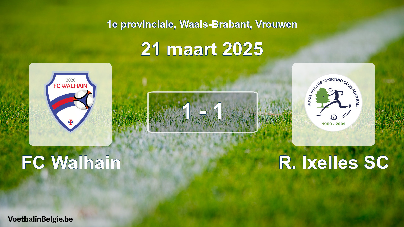 Gespeelde wedstrijd vrouwenvoetbal: FC Walhain - R. Ixelles SC 1 - 1 (21 maart 2025)