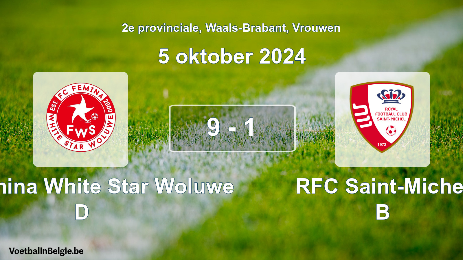 Gespeelde wedstrijd vrouwenvoetbal: FC Fémina White Star Woluwe D - RFC Saint-Michel B 9 - 1 (5 oktober 2024)