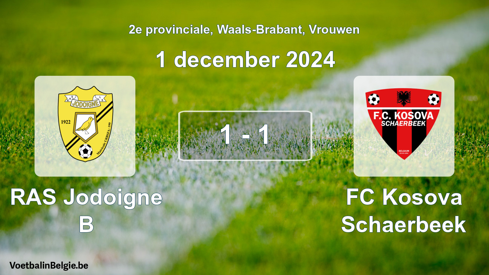 Gespeelde wedstrijd vrouwenvoetbal: RAS Jodoigne B - FC Kosova Schaerbeek 1 - 1 (1 december 2024)