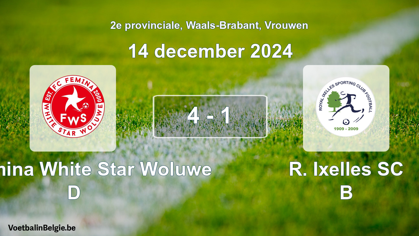 Gespeelde wedstrijd vrouwenvoetbal: FC Fémina White Star Woluwe D - R. Ixelles SC B 4 - 1 (14 december 2024)