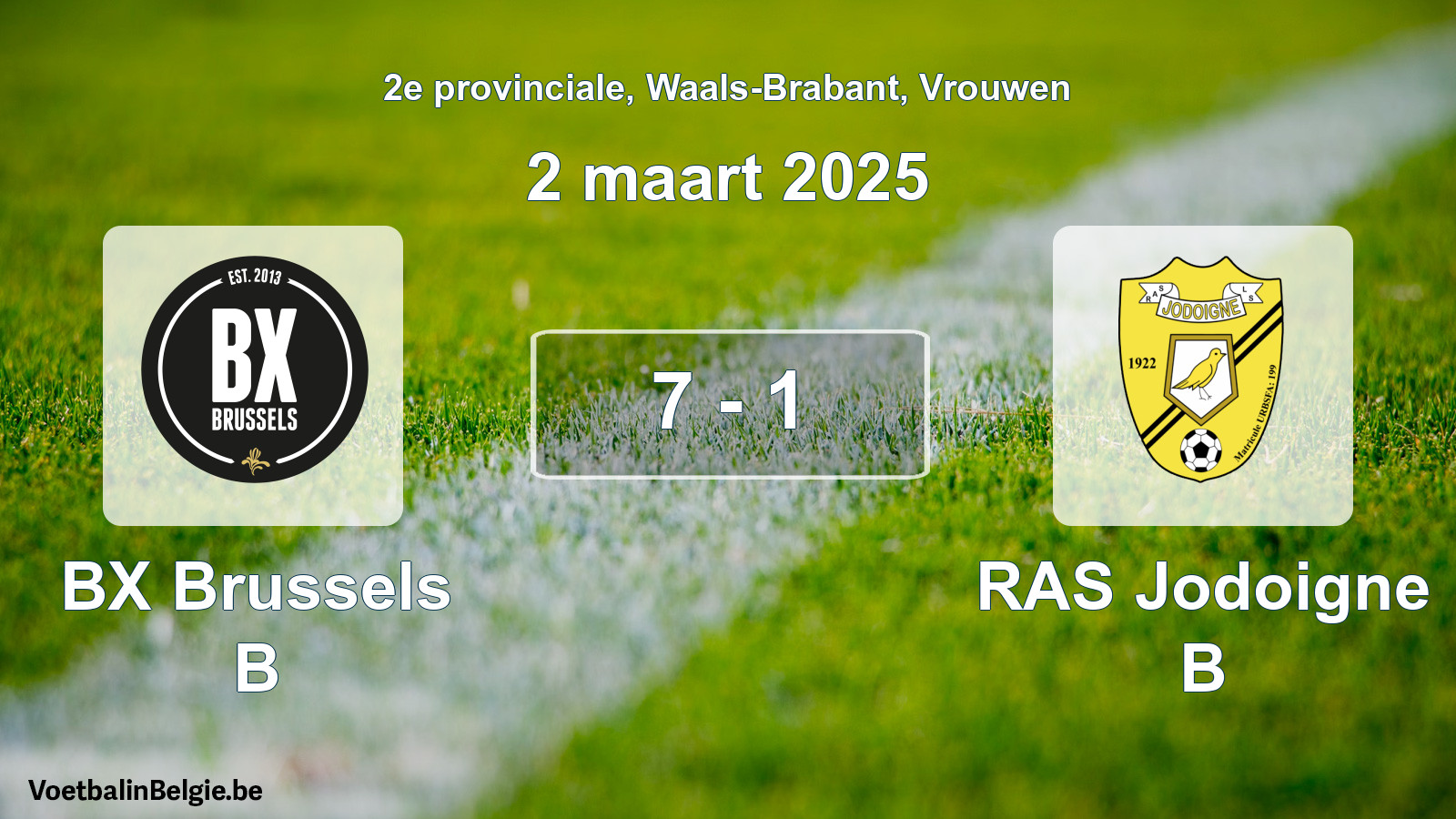 Gespeelde wedstrijd vrouwenvoetbal: BX Brussels B - RAS Jodoigne B 7 - 1 (2 maart 2025)