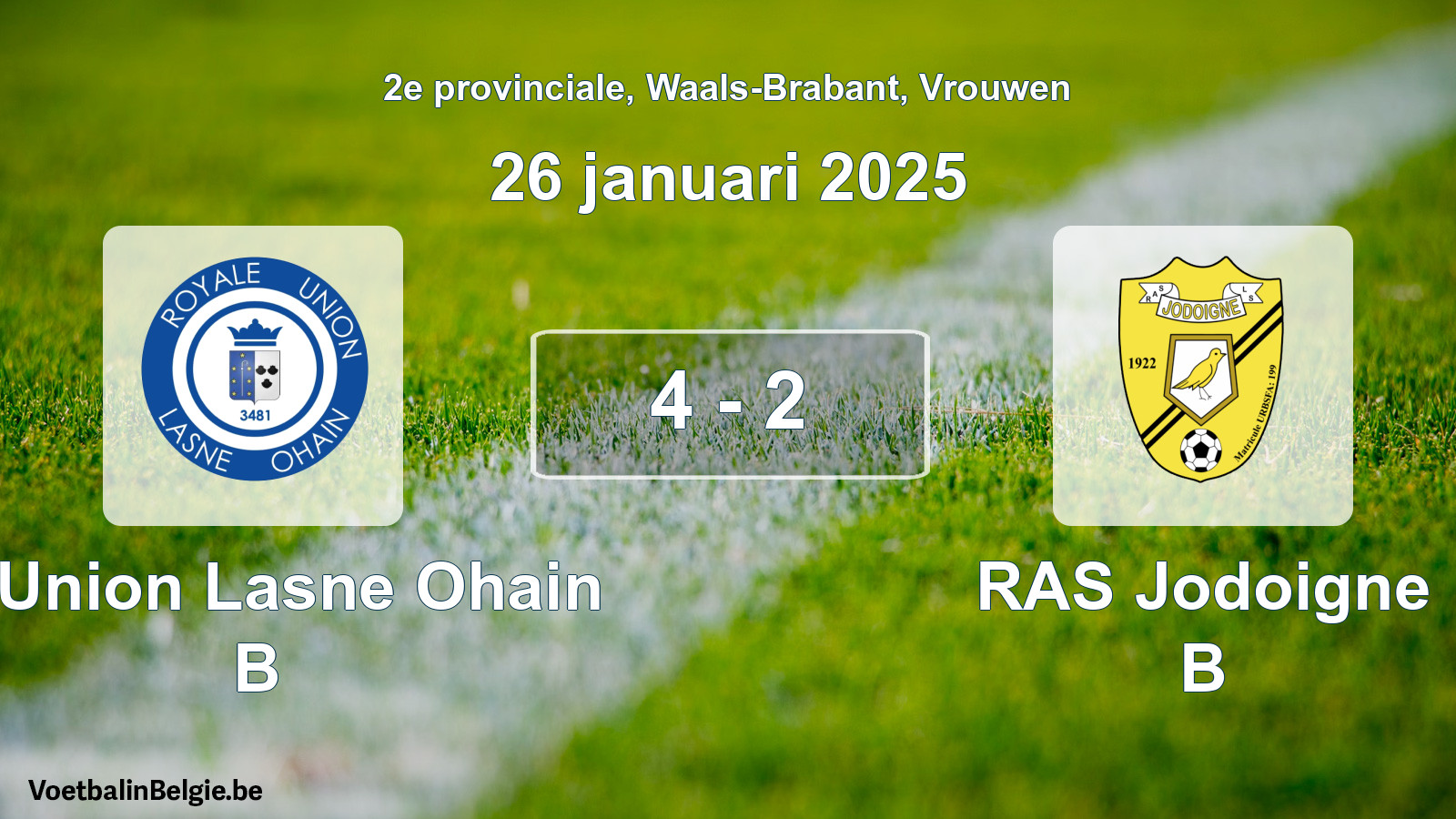 Gespeelde wedstrijd vrouwenvoetbal: R. Union Lasne Ohain B - RAS Jodoigne B 4 - 2 (26 januari 2025)