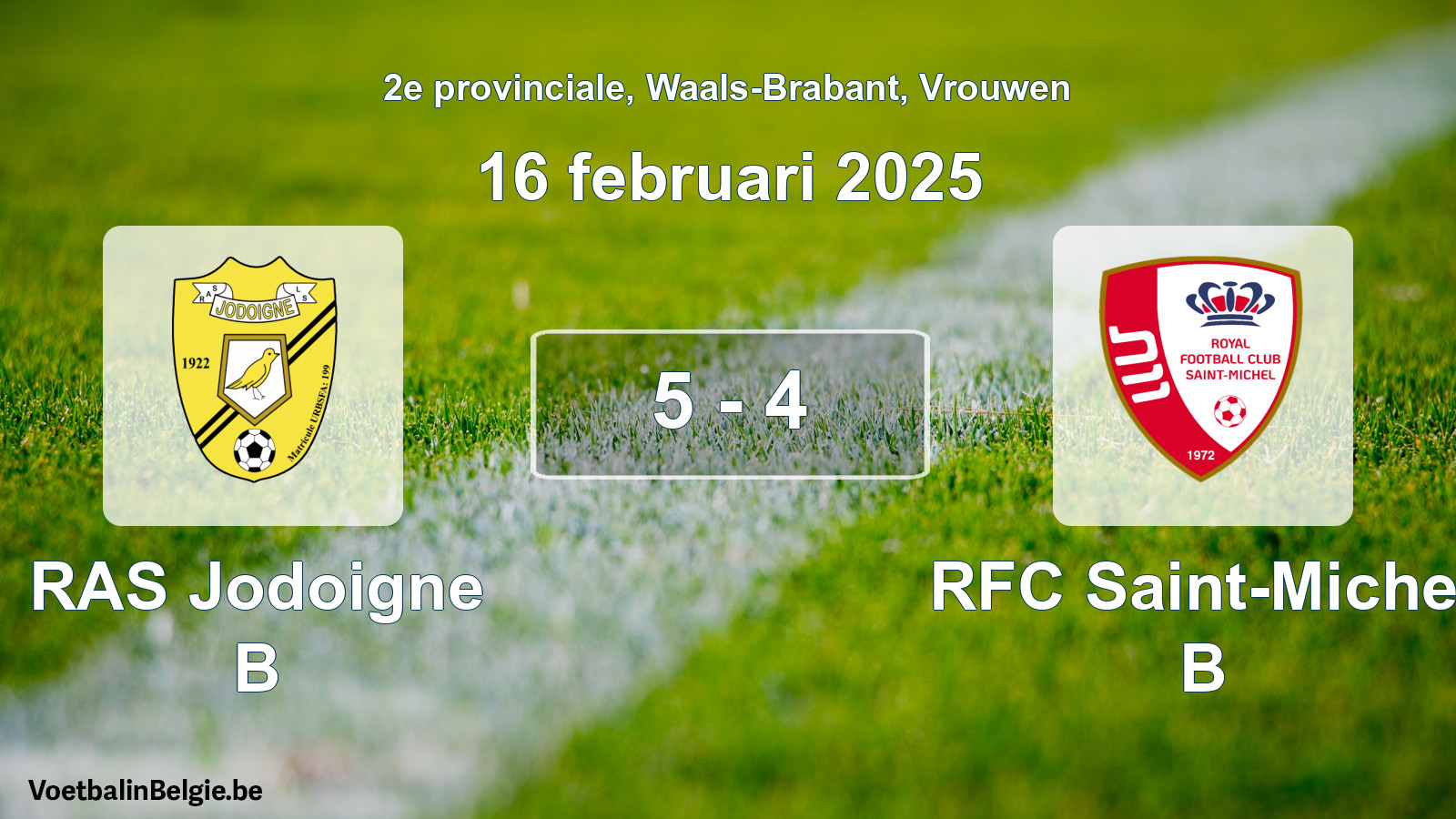 Gespeelde wedstrijd vrouwenvoetbal: RAS Jodoigne B - RFC Saint-Michel B 5 - 4 (16 februari 2025)