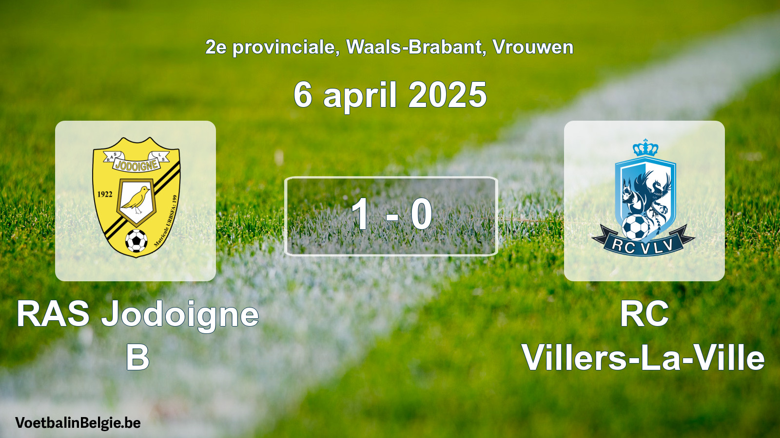 Gespeelde wedstrijd vrouwenvoetbal: RAS Jodoigne B - RC Villers-La-Ville 1 - 0 (6 april 2025)