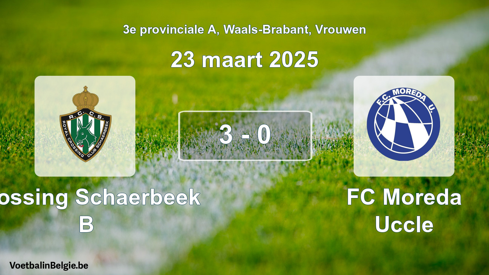 Gespeelde wedstrijd vrouwenvoetbal: Crossing Schaerbeek B - FC Moreda Uccle 3 - 0 (23 maart 2025)