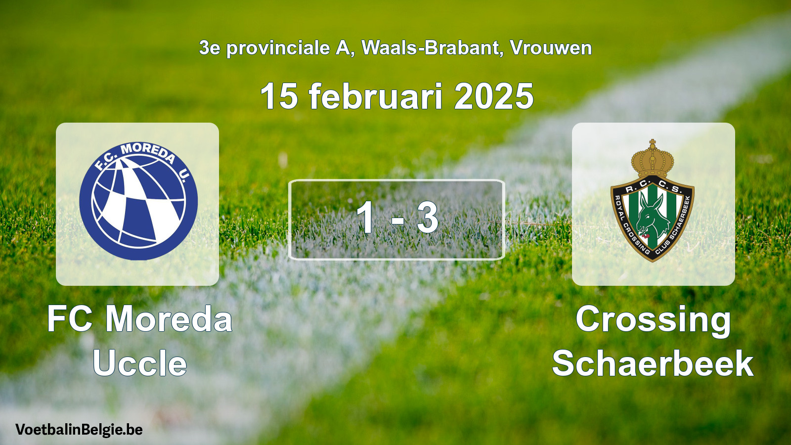 Gespeelde wedstrijd vrouwenvoetbal: FC Moreda Uccle - Crossing Schaerbeek 1 - 3 (15 februari 2025)