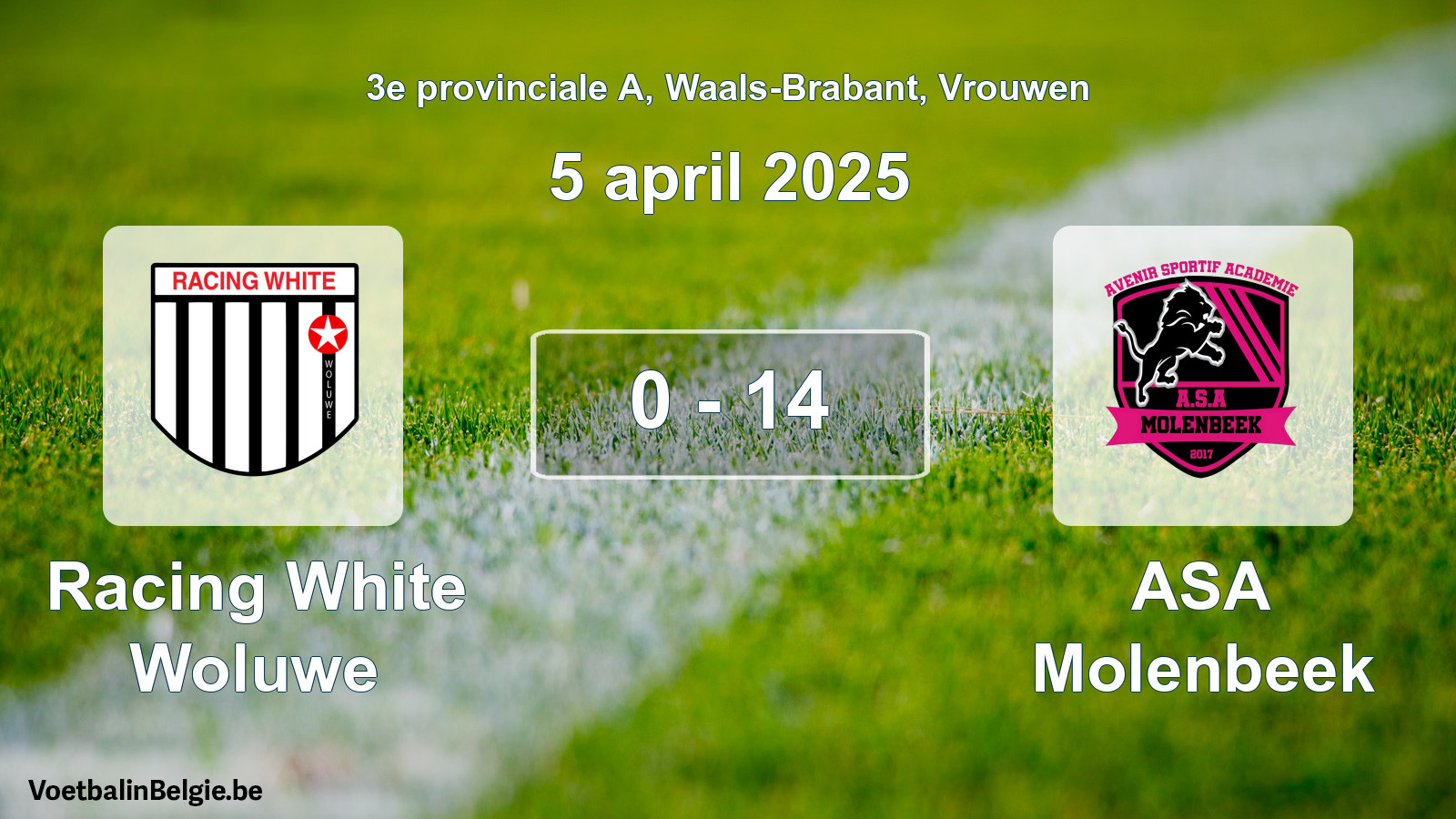 Gespeelde wedstrijd vrouwenvoetbal: Racing White Woluwe - ASA Molenbeek 0 - 14 (5 april 2025)