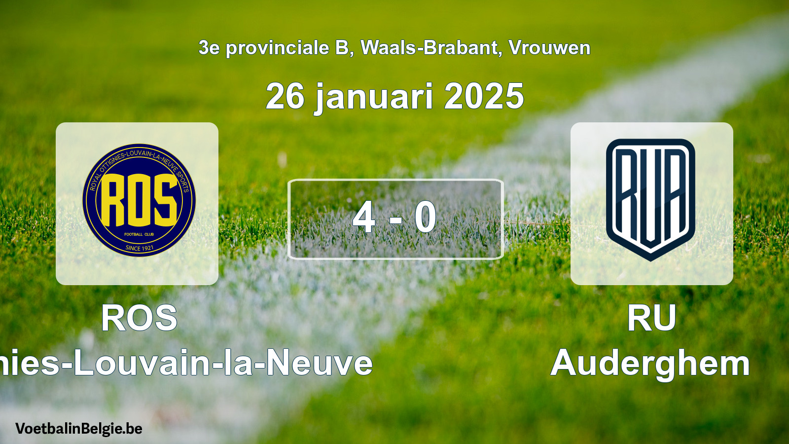Gespeelde wedstrijd vrouwenvoetbal: ROS Ottignies-Louvain-la-Neuve - RU Auderghem 4 - 0 (26 januari 2025)