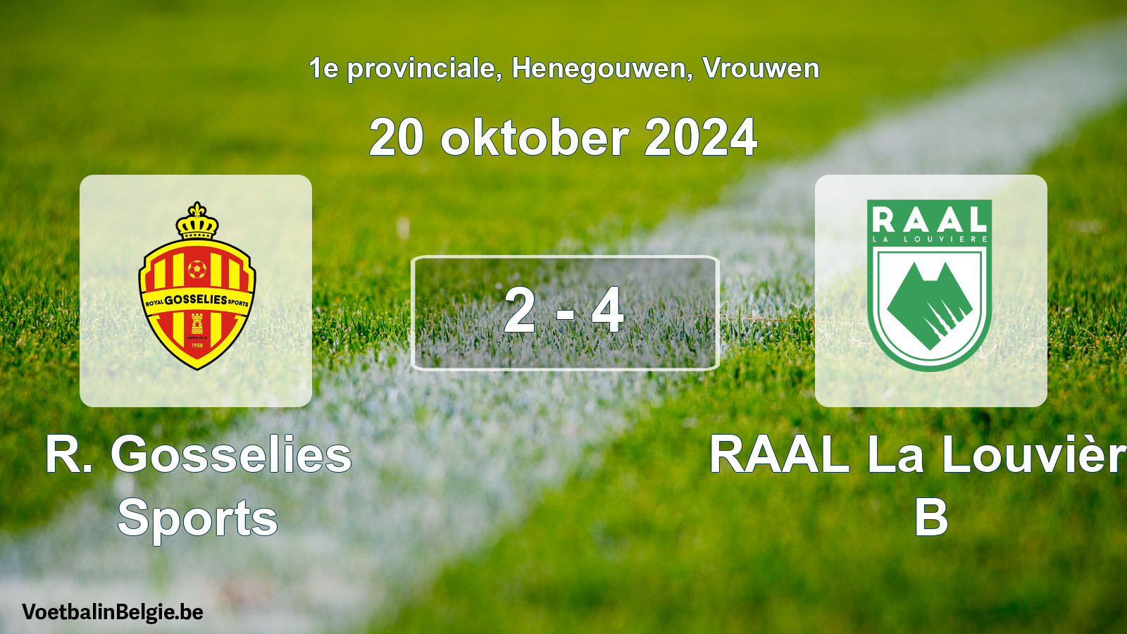 Gespeelde wedstrijd vrouwenvoetbal: R. Gosselies Sports - RAAL La Louvière B 2 - 4 (20 oktober 2024)