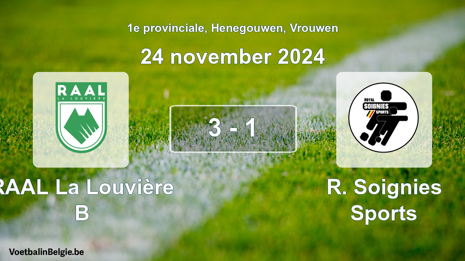 Gespeelde wedstrijd vrouwenvoetbal: RAAL La Louvière B - R. Soignies Sports 3 - 1 (24 november 2024)