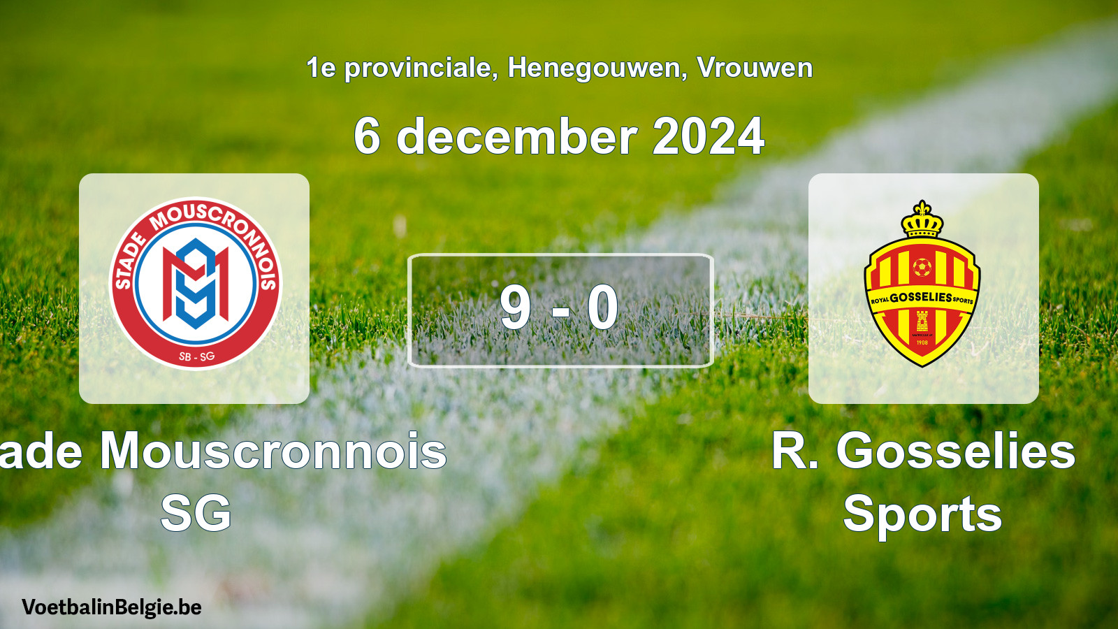 Gespeelde wedstrijd vrouwenvoetbal: Stade Mouscronnois SG - R. Gosselies Sports 9 - 0 (6 december 2024)