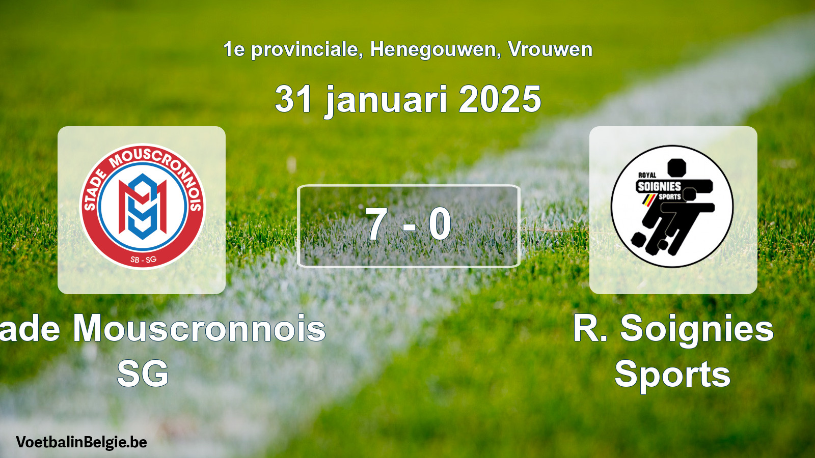 Gespeelde wedstrijd vrouwenvoetbal: Stade Mouscronnois SG - R. Soignies Sports 7 - 0 (31 januari 2025)