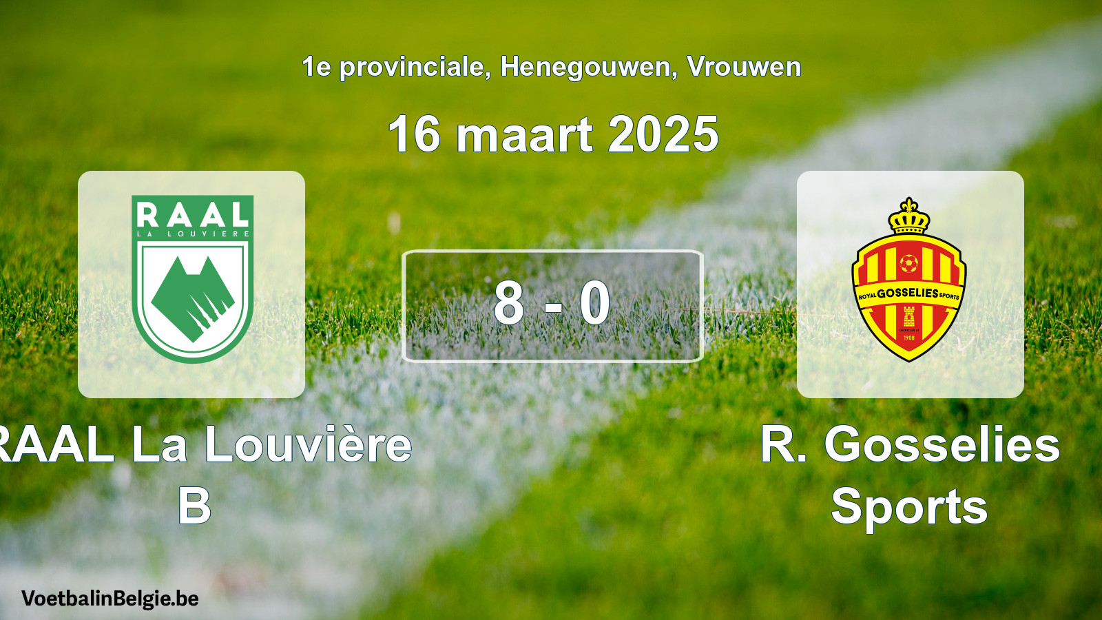 Gespeelde wedstrijd vrouwenvoetbal: RAAL La Louvière B - R. Gosselies Sports 8 - 0 (16 maart 2025)