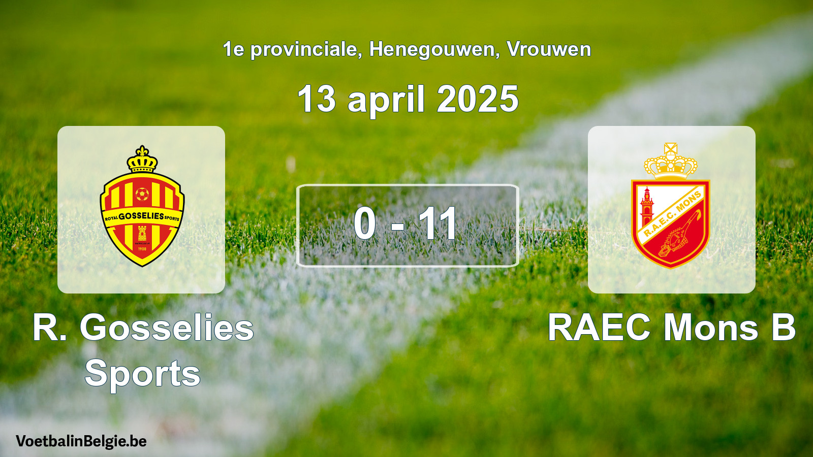 Gespeelde wedstrijd vrouwenvoetbal: R. Gosselies Sports - RAEC Mons B 0 - 11 (13 april 2025)
