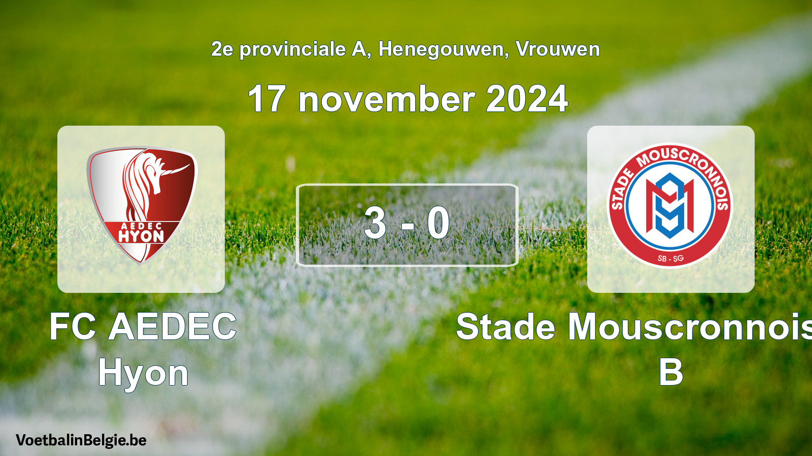 Match joué football femmes: FC AEDEC Hyon - Stade Mouscronnois SG B 3 - 0 (17 novembre 2024)
