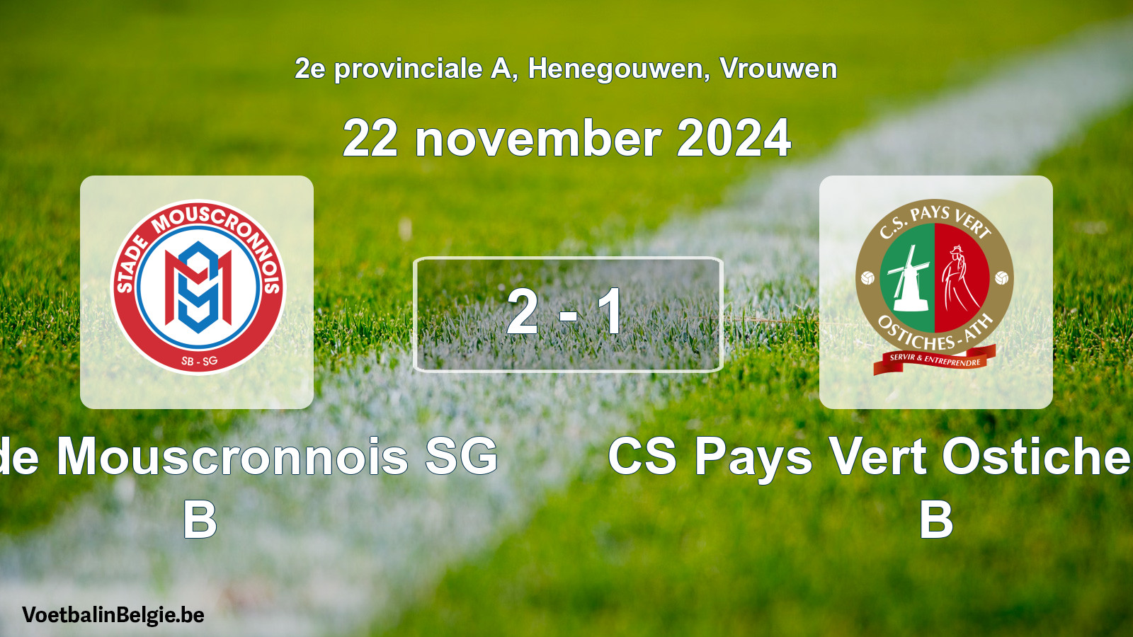 Gespeelde wedstrijd vrouwenvoetbal: Stade Mouscronnois SG B - CS Pays Vert Ostiches-Ath B 2 - 1 (22 november 2024)