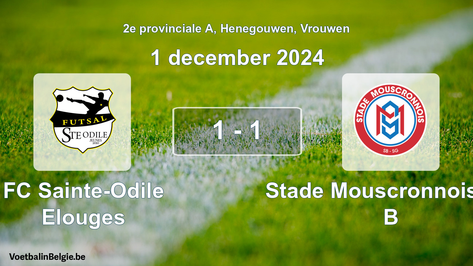 Gespeelde wedstrijd vrouwenvoetbal: FC Sainte-Odile Elouges - Stade Mouscronnois SG B 1 - 1 (1 december 2024)