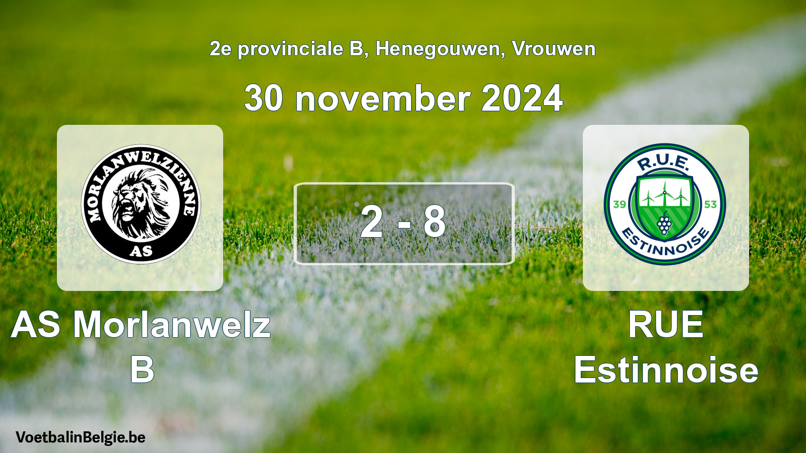 Gespeelde wedstrijd vrouwenvoetbal: AS Morlanwelz B - RUE Estinnoise 2 - 8 (30 november 2024)
