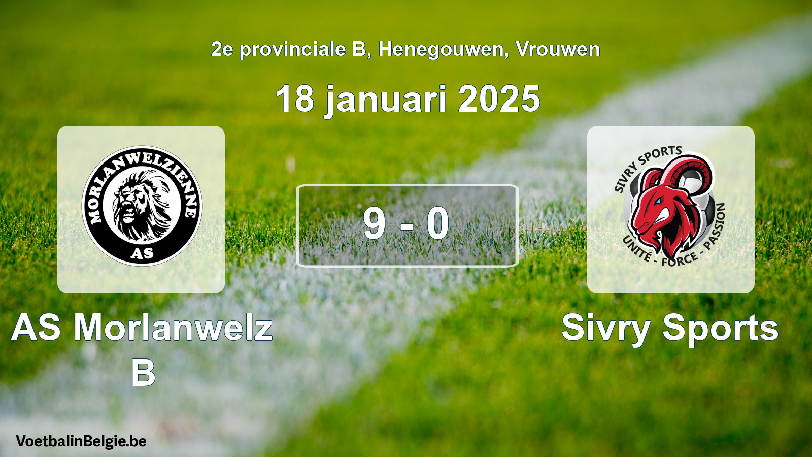 Gespeelde wedstrijd vrouwenvoetbal: AS Morlanwelz B - Sivry Sports 9 - 0 (18 januari 2025)