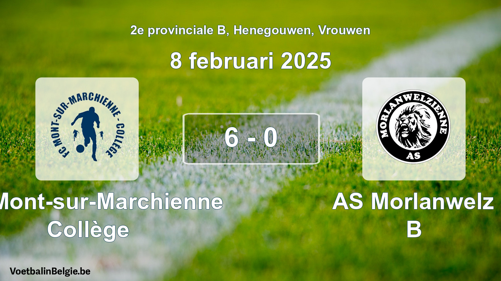 Gespeelde wedstrijd vrouwenvoetbal: FC Mont-sur-Marchienne Collège - AS Morlanwelz B 6 - 0 (8 februari 2025)