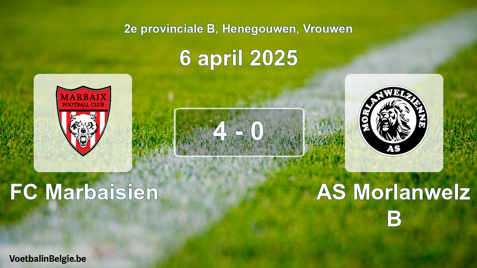 Gespeelde wedstrijd vrouwenvoetbal: FC Marbaisien - AS Morlanwelz B 4 - 0 (6 april 2025)