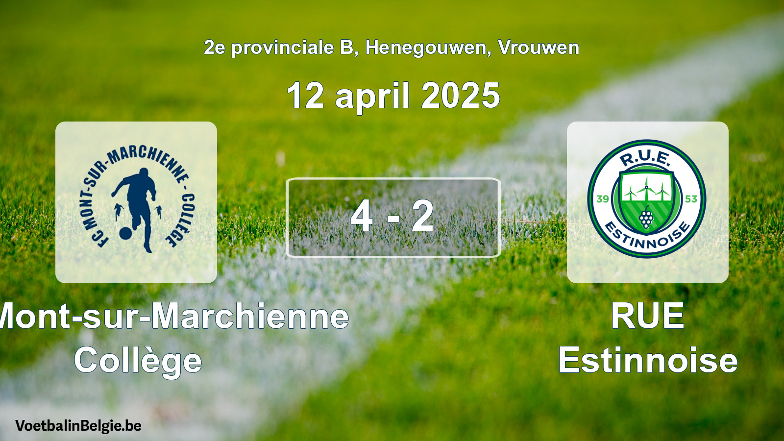 Gespeelde wedstrijd vrouwenvoetbal: FC Mont-sur-Marchienne Collège - RUE Estinnoise 4 - 2 (12 april 2025)
