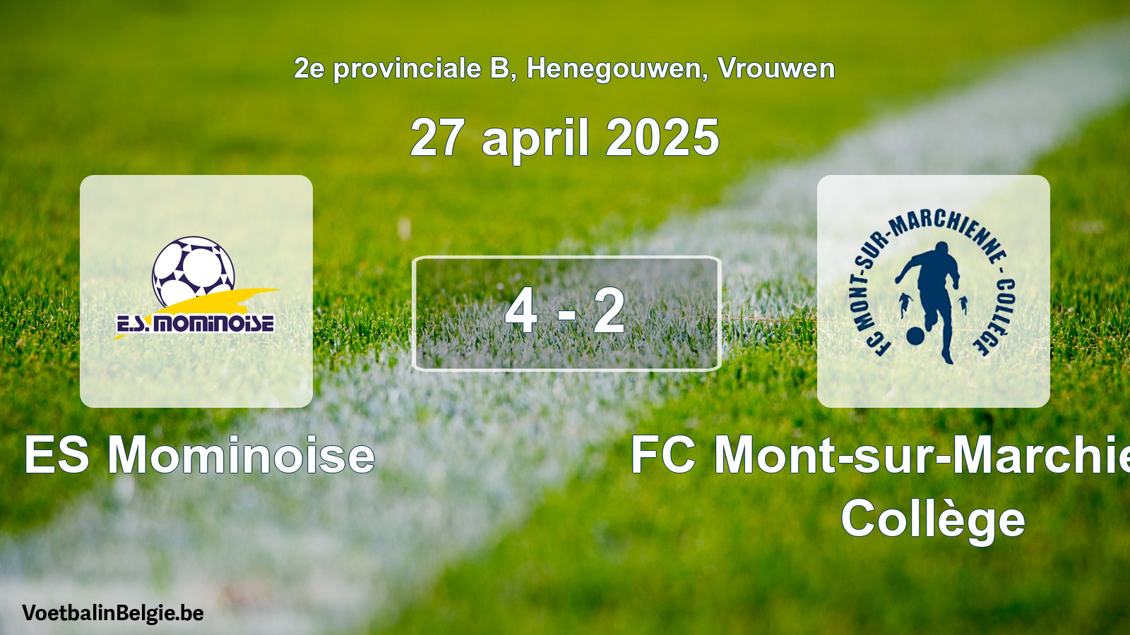Gespeelde wedstrijd vrouwenvoetbal: ES Mominoise - FC Mont-sur-Marchienne Collège 4 - 2 (27 april 2025)
