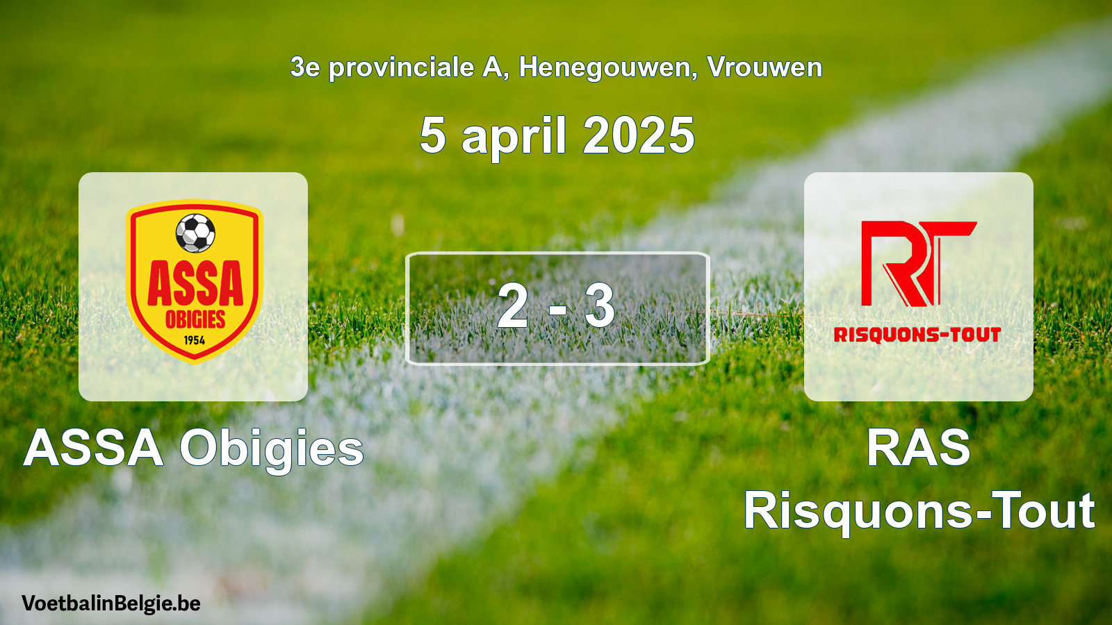 Gespeelde wedstrijd vrouwenvoetbal: ASSA Obigies - RAS Risquons-Tout 2 - 3 (5 april 2025)