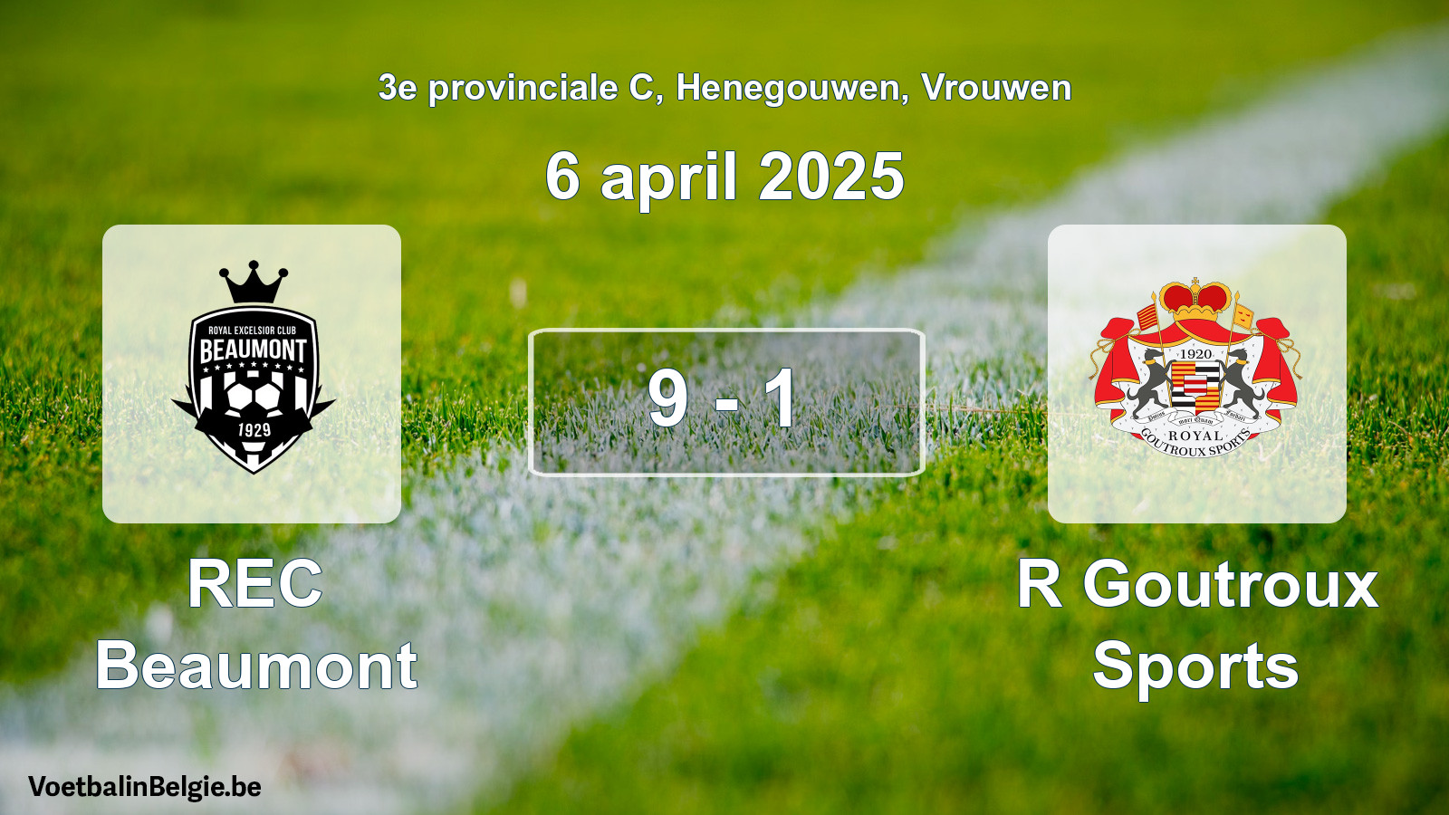 Gespeelde wedstrijd vrouwenvoetbal: REC Beaumont - R Goutroux Sports 9 - 1 (6 april 2025)