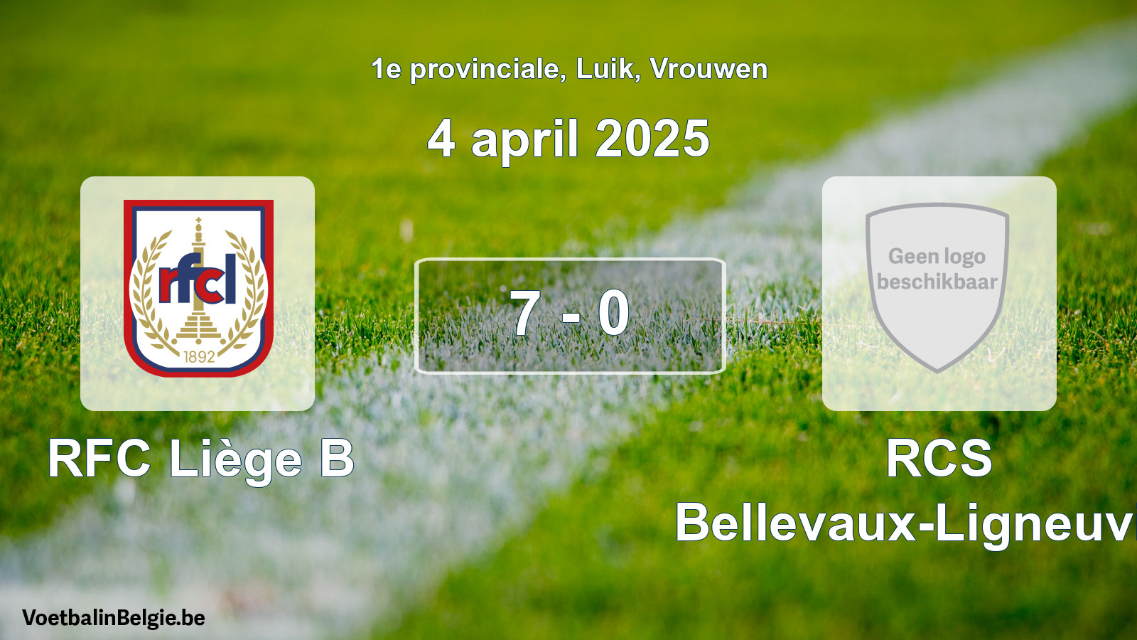 Gespeelde wedstrijd vrouwenvoetbal: RFC Liège B - RCS Bellevaux-Ligneuville 7 - 0 (4 april 2025)