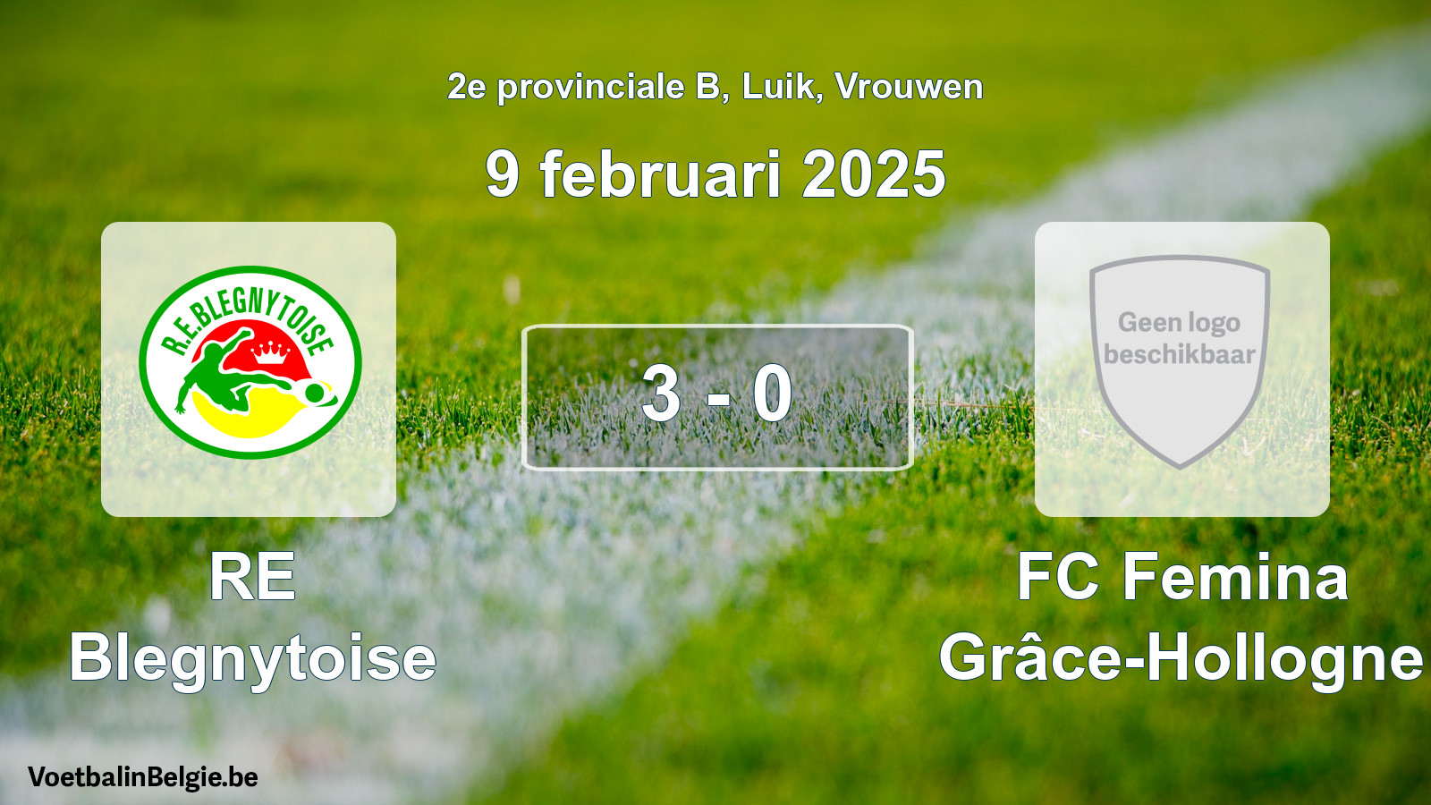 Gespeelde wedstrijd vrouwenvoetbal: RE Blegnytoise - FC Femina Grâce-Hollogne 3 - 0 (9 februari 2025)