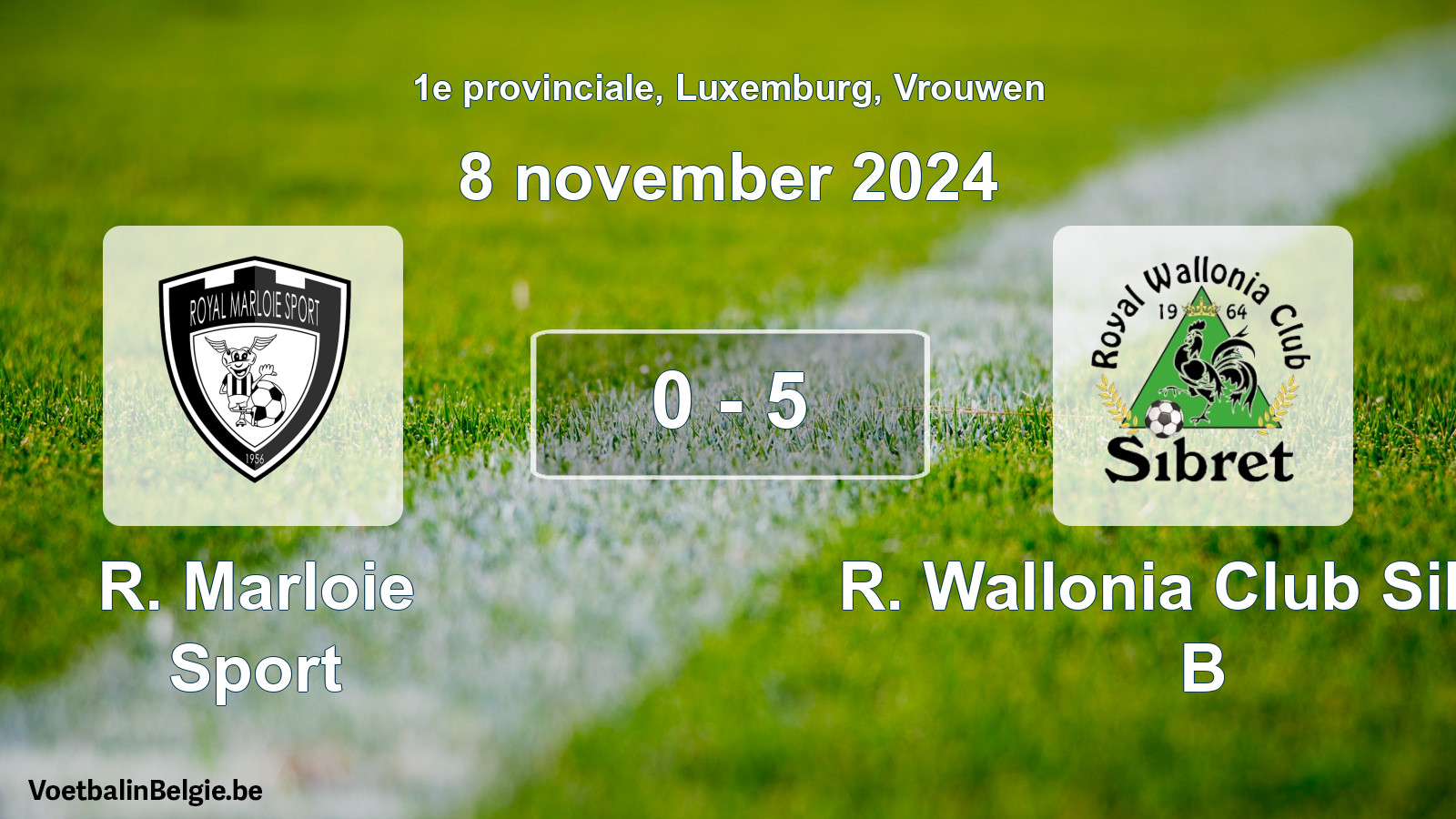 Gespeelde wedstrijd vrouwenvoetbal: R. Marloie Sport - R. Wallonia Club Sibret B 0 - 5 (8 november 2024)