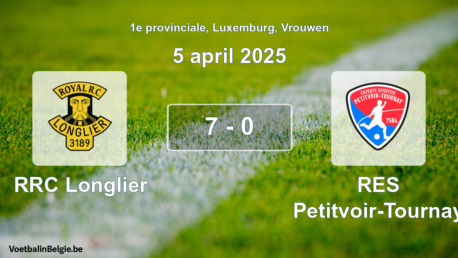Gespeelde wedstrijd vrouwenvoetbal: RRC Longlier - RES Petitvoir-Tournay 7 - 0 (5 april 2025)