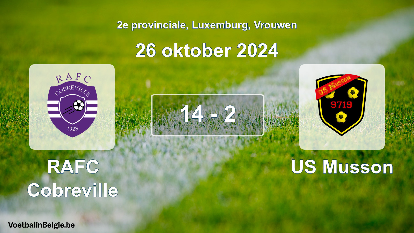 Gespeelde wedstrijd vrouwenvoetbal: RAFC Cobreville - US Musson 14 - 2 (26 oktober 2024)