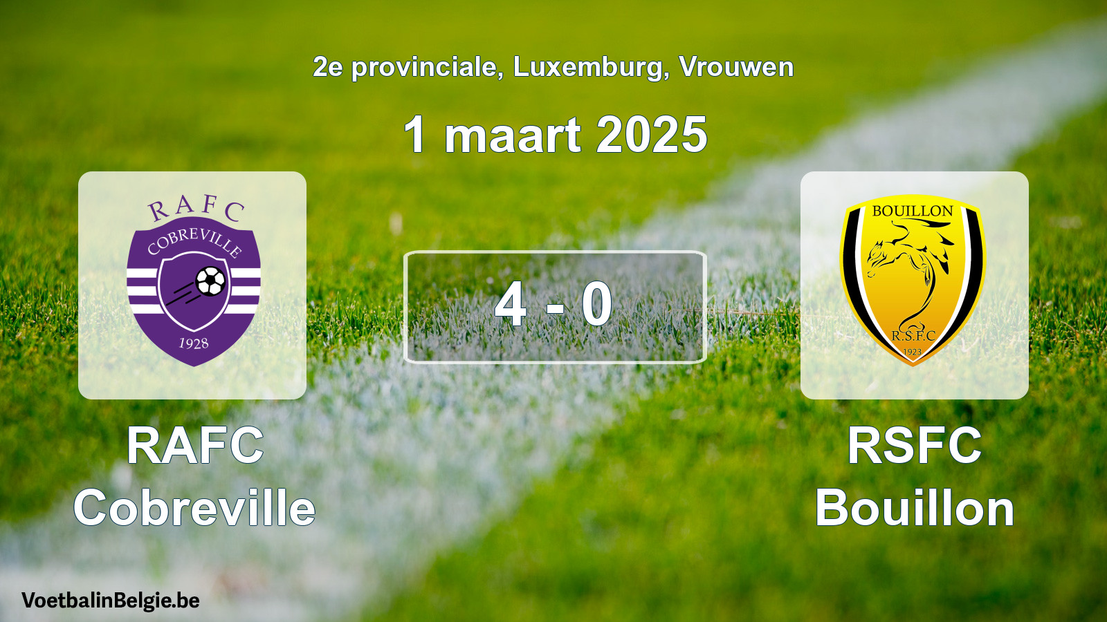 Gespeelde wedstrijd vrouwenvoetbal: RAFC Cobreville - RSFC Bouillon 4 - 0 (1 maart 2025)