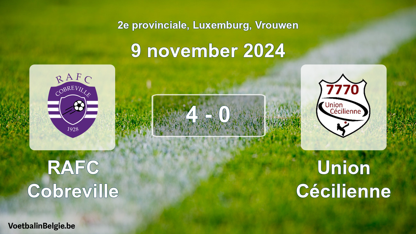 Gespeelde wedstrijd vrouwenvoetbal: RAFC Cobreville - Union Cécilienne 4 - 0 (9 november 2024)