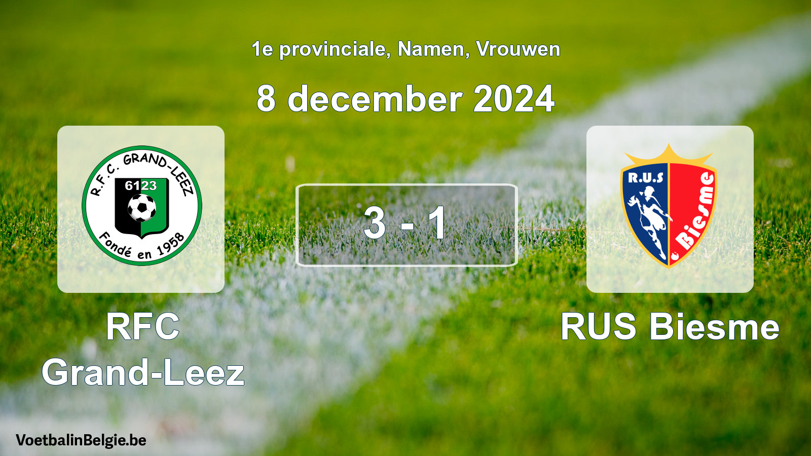 Gespeelde wedstrijd vrouwenvoetbal: RFC Grand-Leez - RUS Biesme 3 - 1 (8 december 2024)