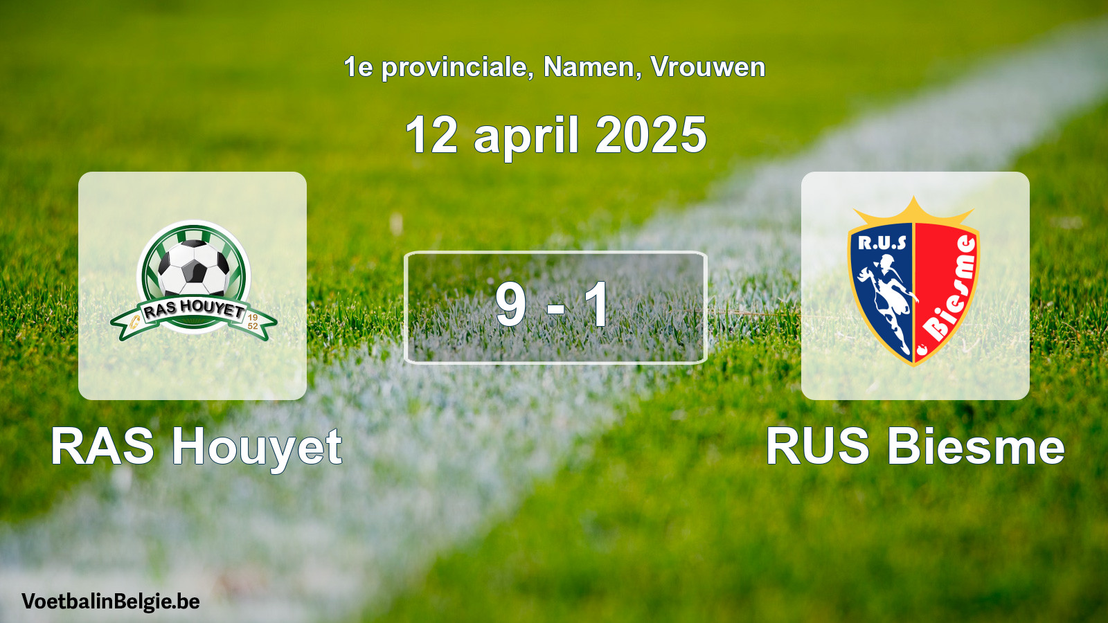 Gespeelde wedstrijd vrouwenvoetbal: RAS Houyet - RUS Biesme 9 - 1 (12 april 2025)