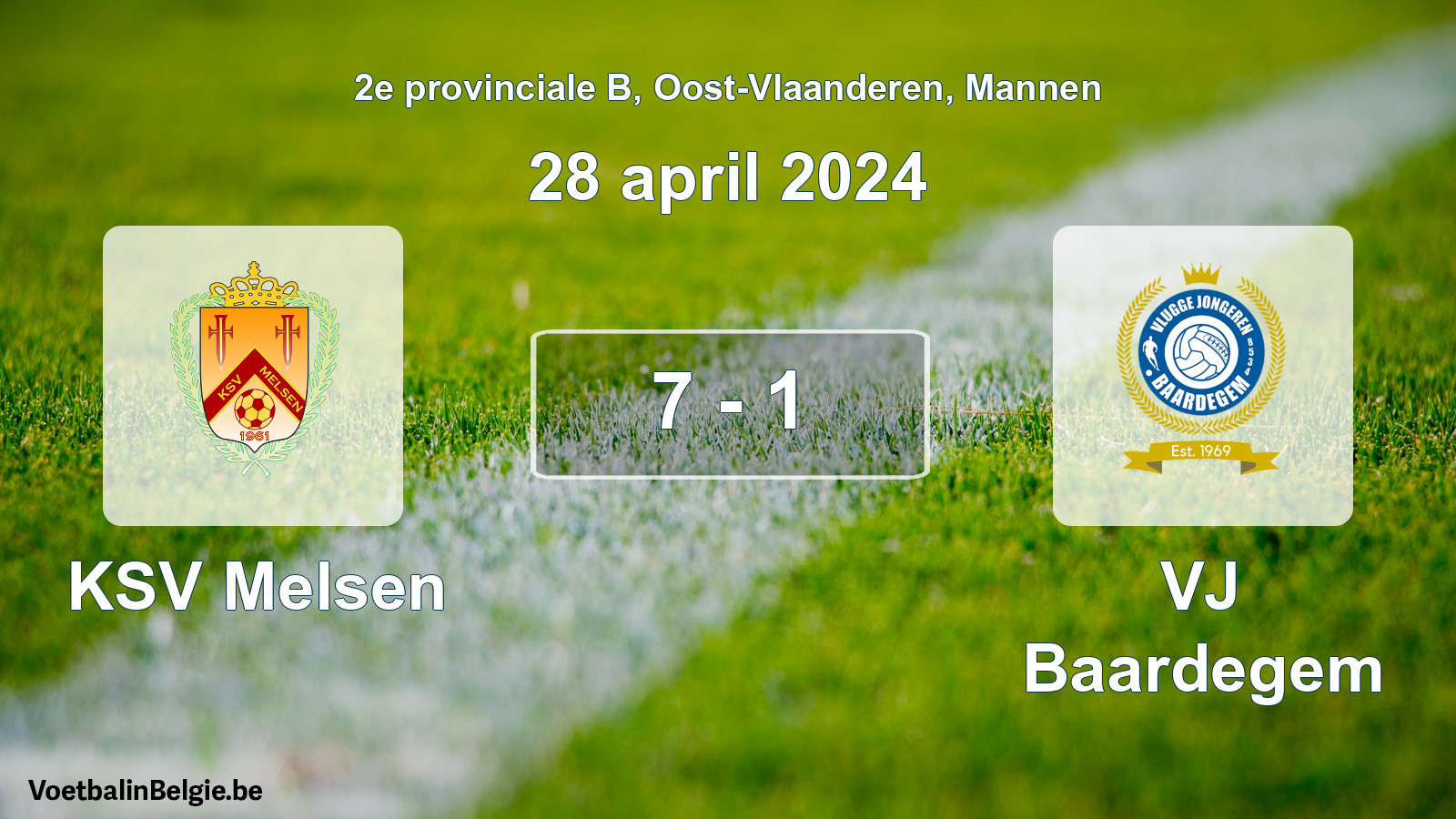 Gespeelde wedstrijd mannenvoetbal: KSV Melsen - VJ Baardegem 7 - 1 (28 april 2024)