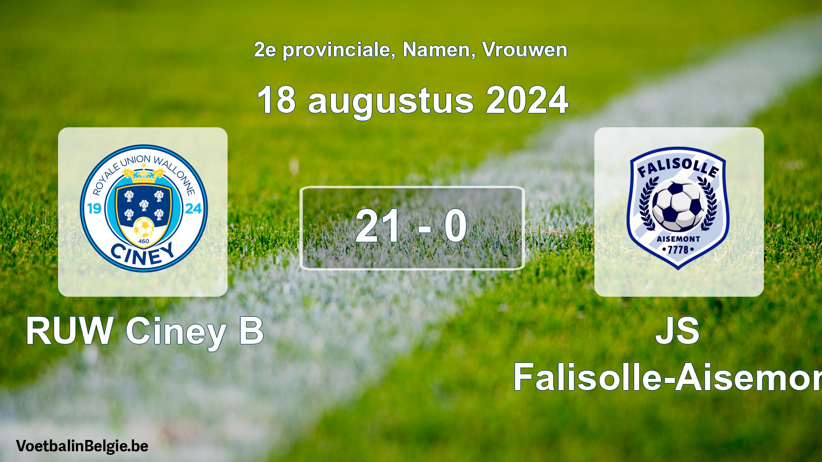 Gespeelde wedstrijd vrouwenvoetbal: RUW Ciney B - JS Falisolle-Aisemont 21 - 0 (18 augustus 2024)