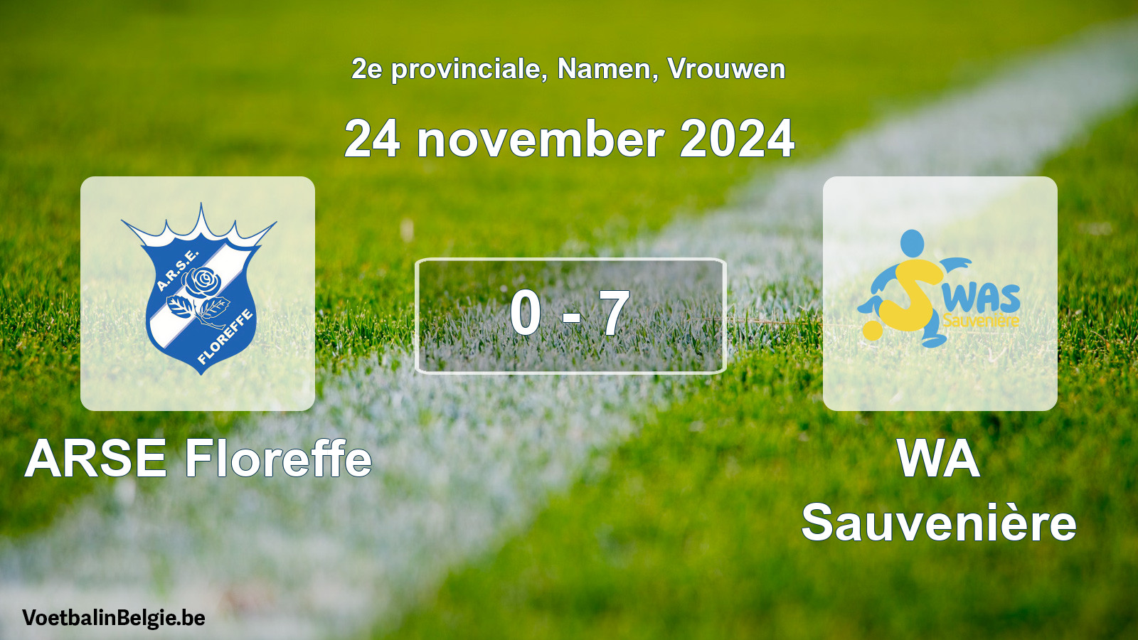 Gespeelde wedstrijd vrouwenvoetbal: ARSE Floreffe - WA Sauvenière 0 - 7 (24 november 2024)