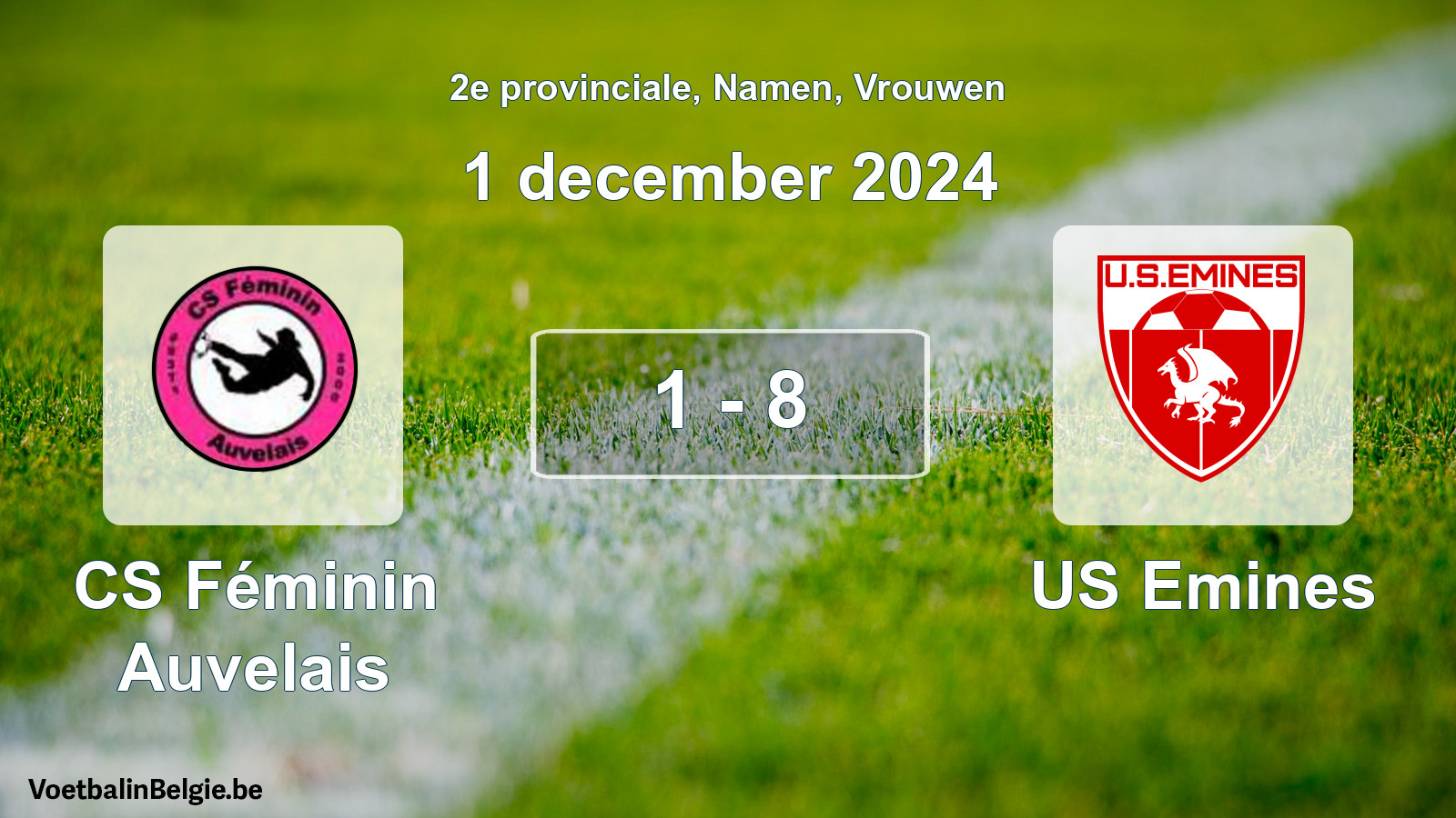 Gespeelde wedstrijd vrouwenvoetbal: CS Féminin Auvelais - US Emines 1 - 8 (1 december 2024)