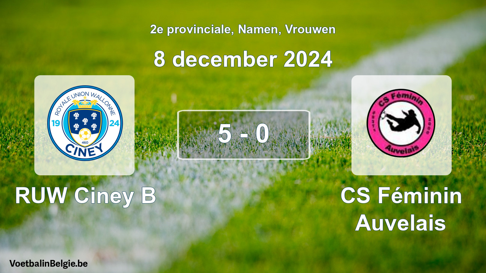 Gespeelde wedstrijd vrouwenvoetbal: RUW Ciney B - CS Féminin Auvelais 5 - 0 (8 december 2024)