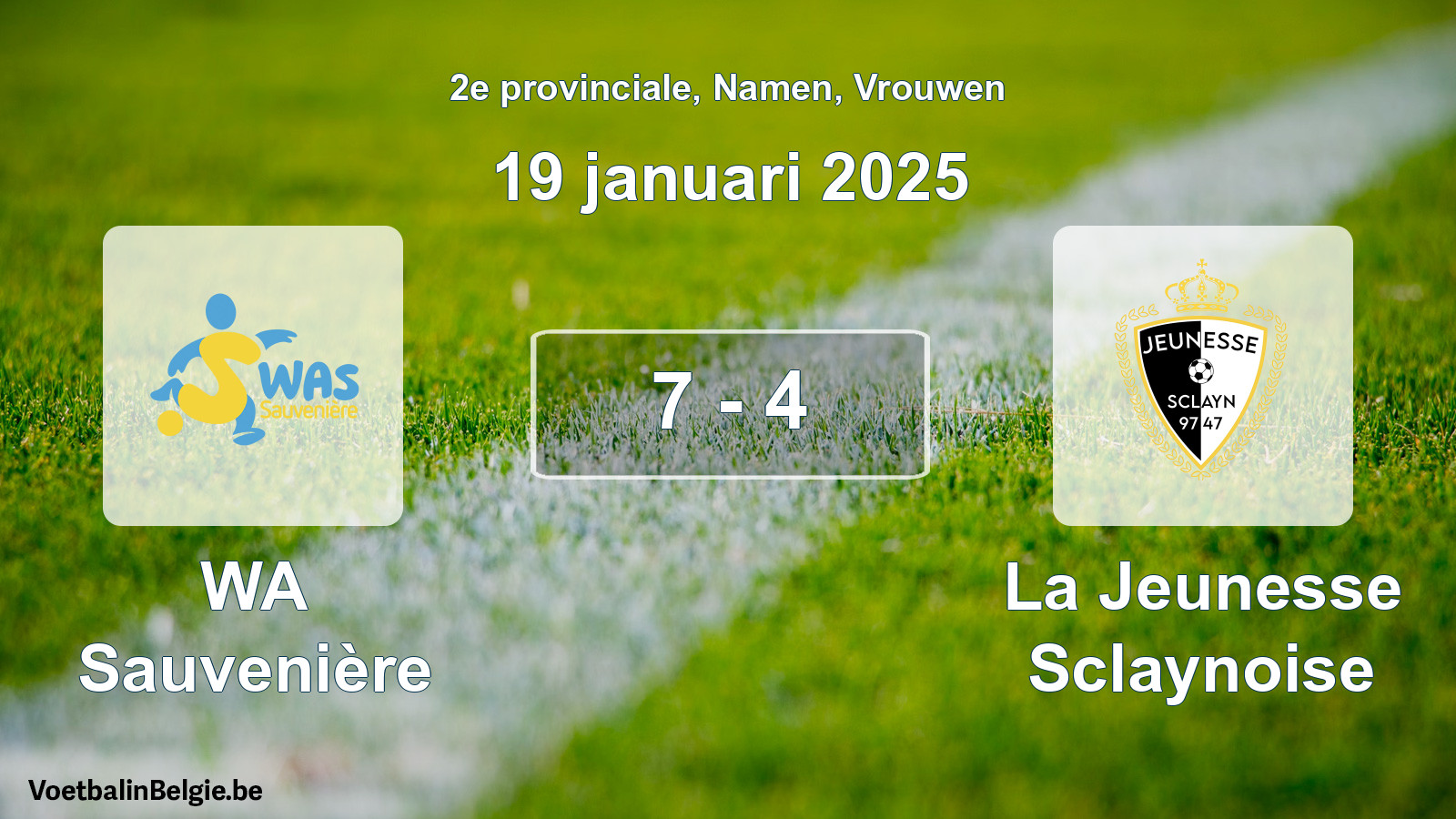 Gespeelde wedstrijd vrouwenvoetbal: WA Sauvenière - La Jeunesse Sclaynoise 7 - 4 (19 januari 2025)