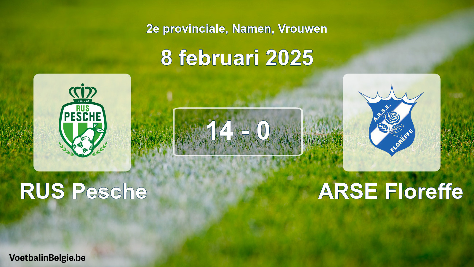 Gespeelde wedstrijd vrouwenvoetbal: RUS Pesche - ARSE Floreffe 14 - 0 (8 februari 2025)