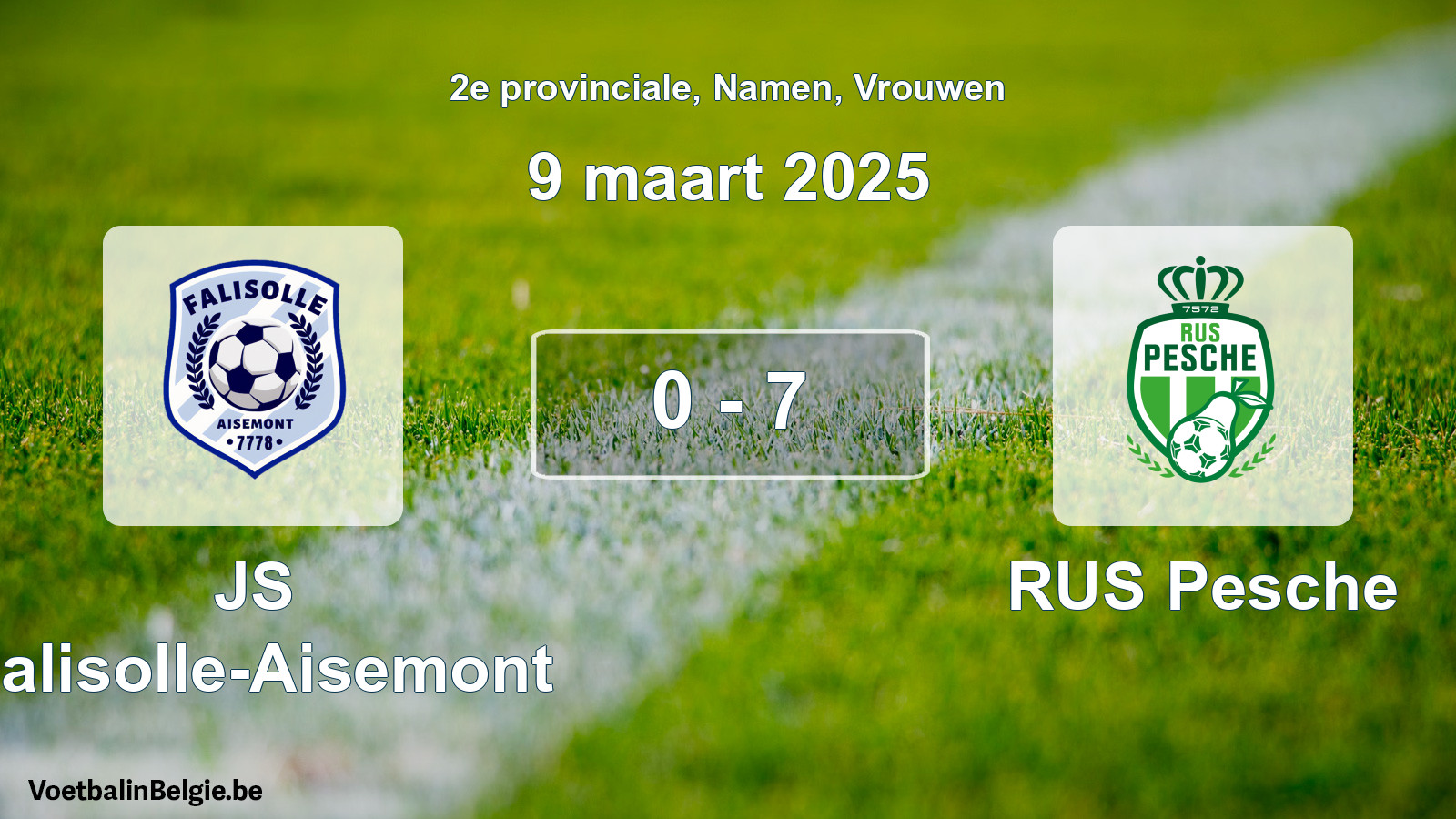 Gespeelde wedstrijd vrouwenvoetbal: JS Falisolle-Aisemont - RUS Pesche 0 - 7 (9 maart 2025)